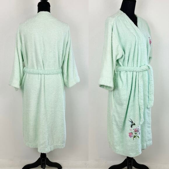Vintage Blair Womens Terrycloth Robe Wrap Tie Embroider Hummingbird Mint Green - Picture 2 of 11